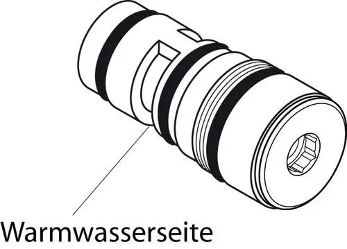 Zeichnung eines Ventils mit zwei Dichtungen. Beschriftet mit "Warmwasserseite". Produkt von Ideal Standard zur Verwendung in Heizsystemen.